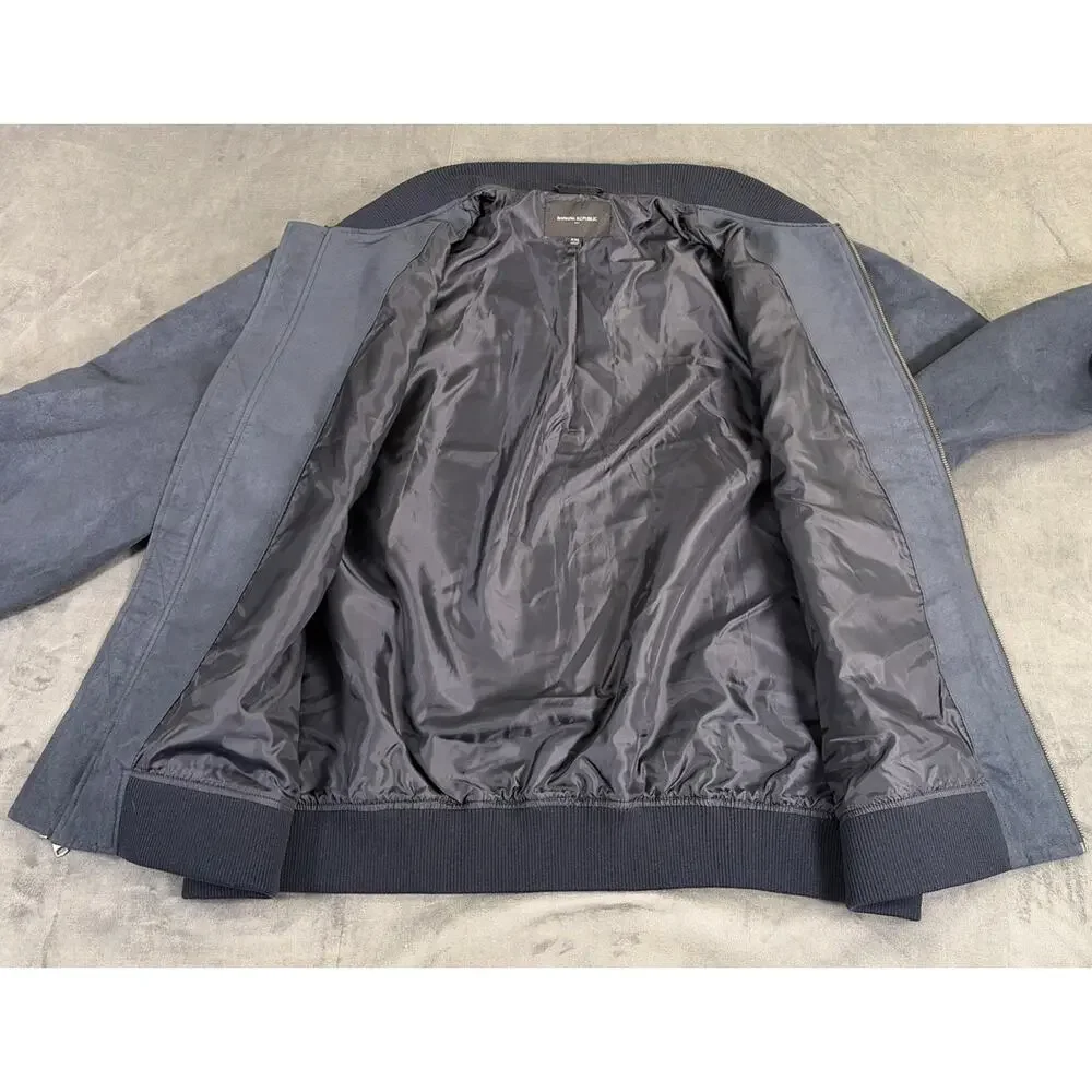 Banana Republic Men's Navy Blue Suede Bomber Jacket Lined Zip Band Collar XXL FS